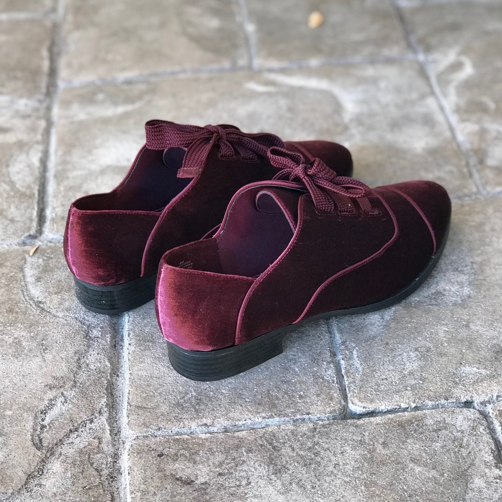 Red Wine Velvet Soft Thick Laces Boyfriend Loafers - Picture 7 of 8